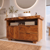 Freestanding Bathroom Vanity with Storage & Open Shelf | Live Edge Modern Design