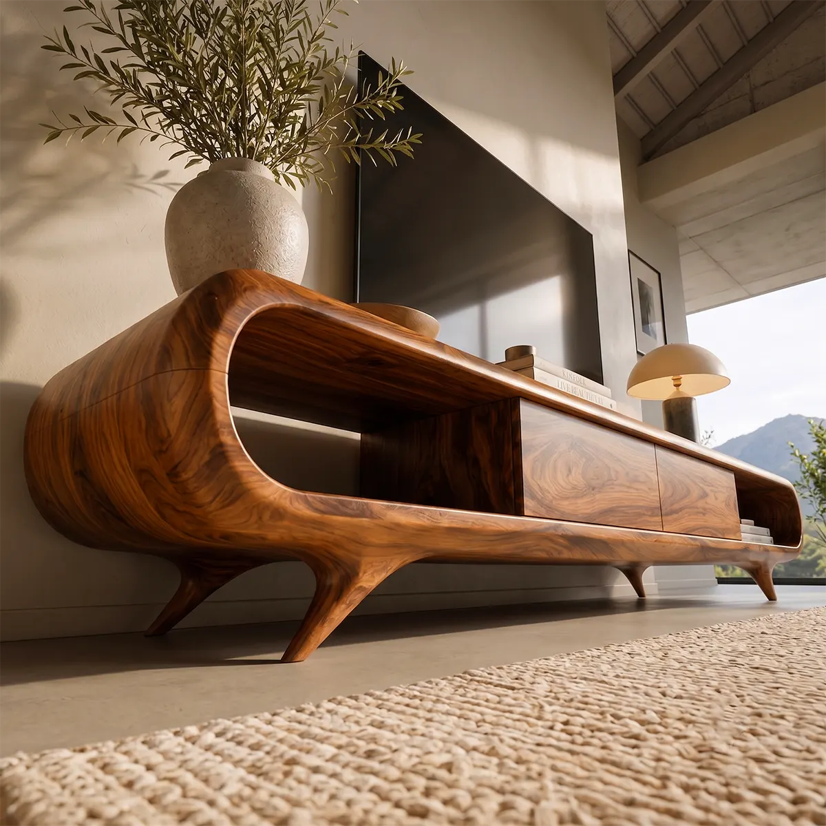 Sculptural Curved TV Stand with Open Shelves & Concealed Storage | Modern Low Profile Media Console