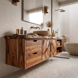 Floating Solid Wood Bathroom Vanity | Modern Bathroom Vanity with Drawers, Cabinet and Open Shelf TT006-6VOS2CB