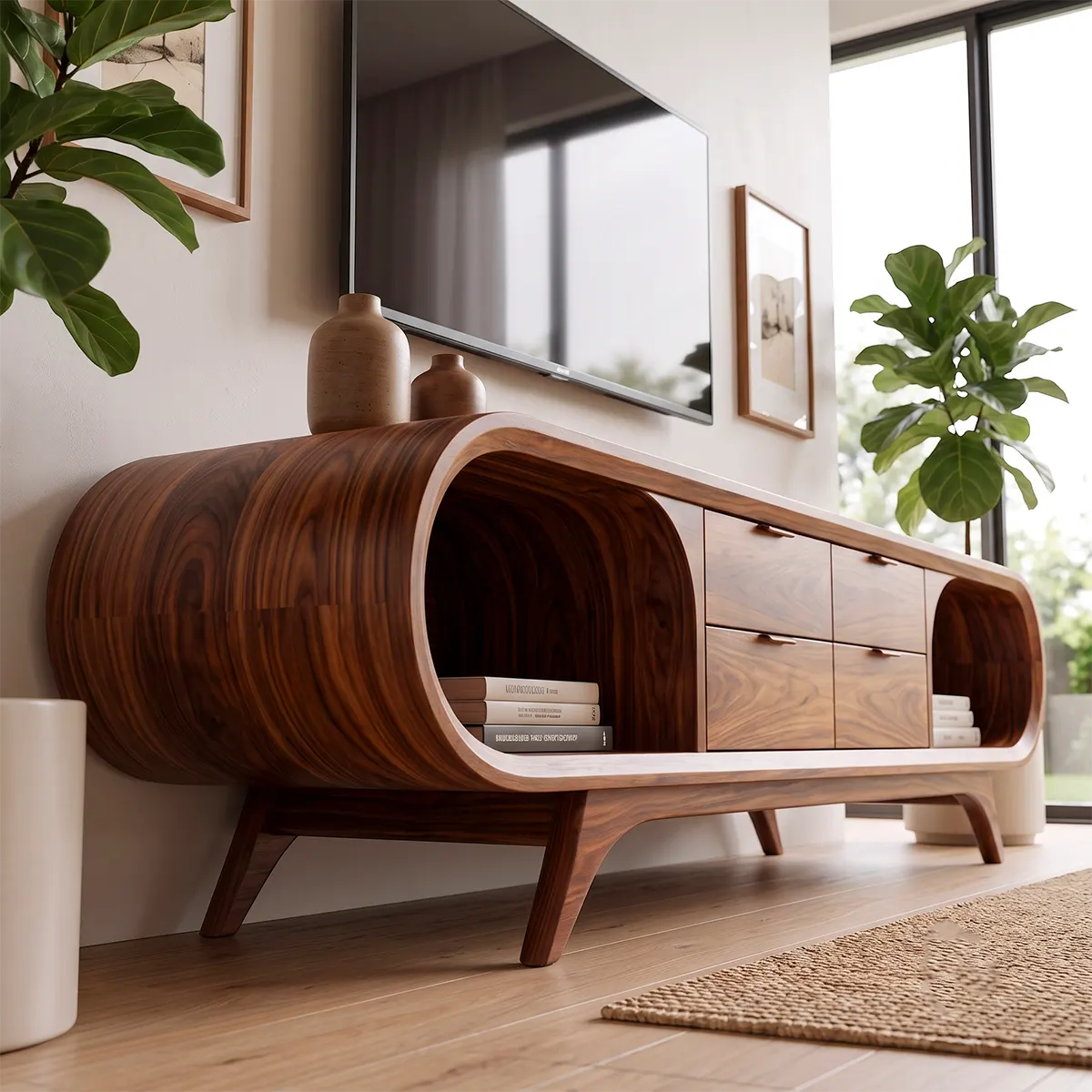 Modern Curved TV Stand with 4 Drawers & 2 Open Shelves | Sculptural Media Console