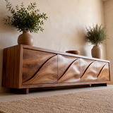 Modern TV Stand with 4 Enclosed Storage Compartments & Sculpted Wave Fronts