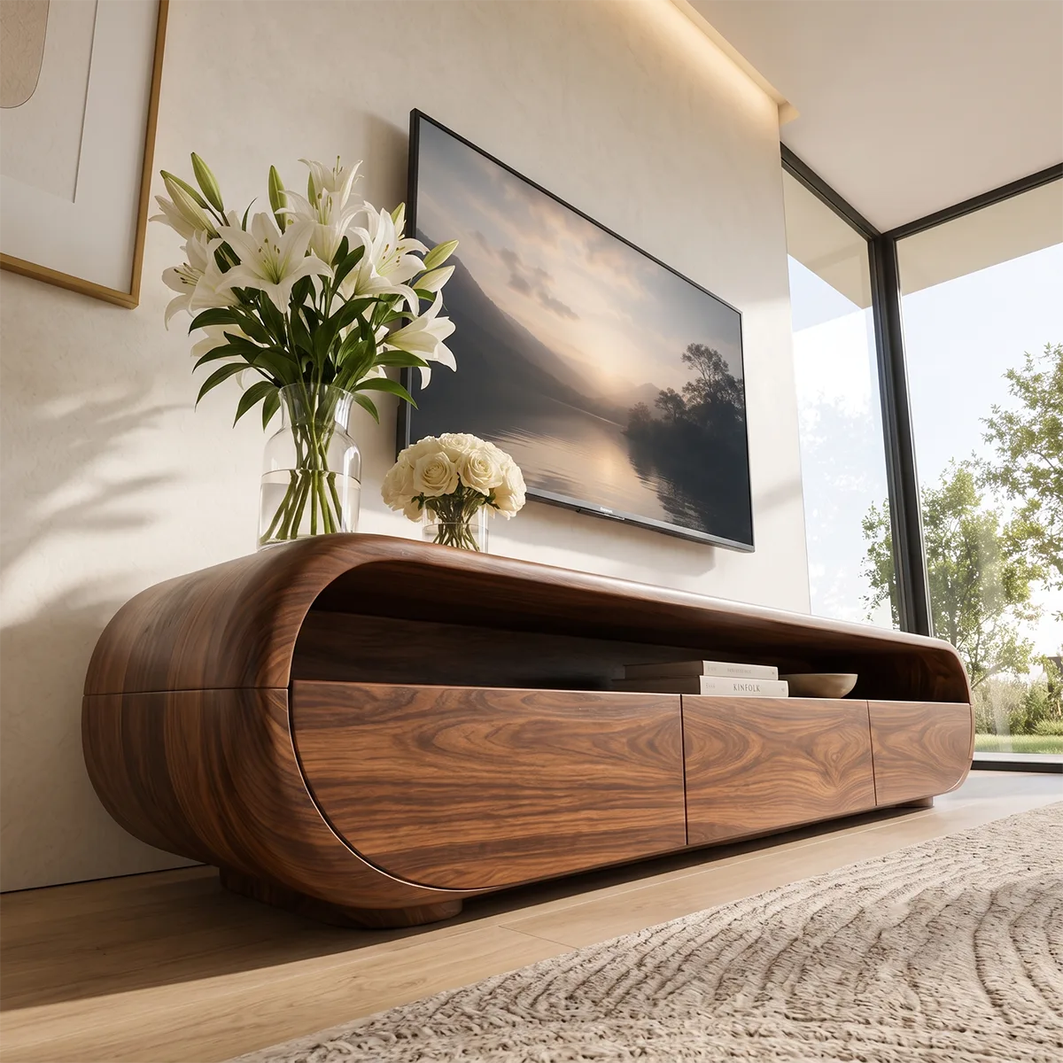 Organic Modern TV Stand with Open Shelf & 3 Drawers | Modern Media Console TT006-5REB7GU