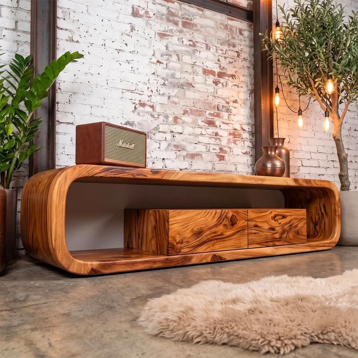 Modern Curved TV Stand with 2 Drawers & Open Storage | Low Profile Media Console