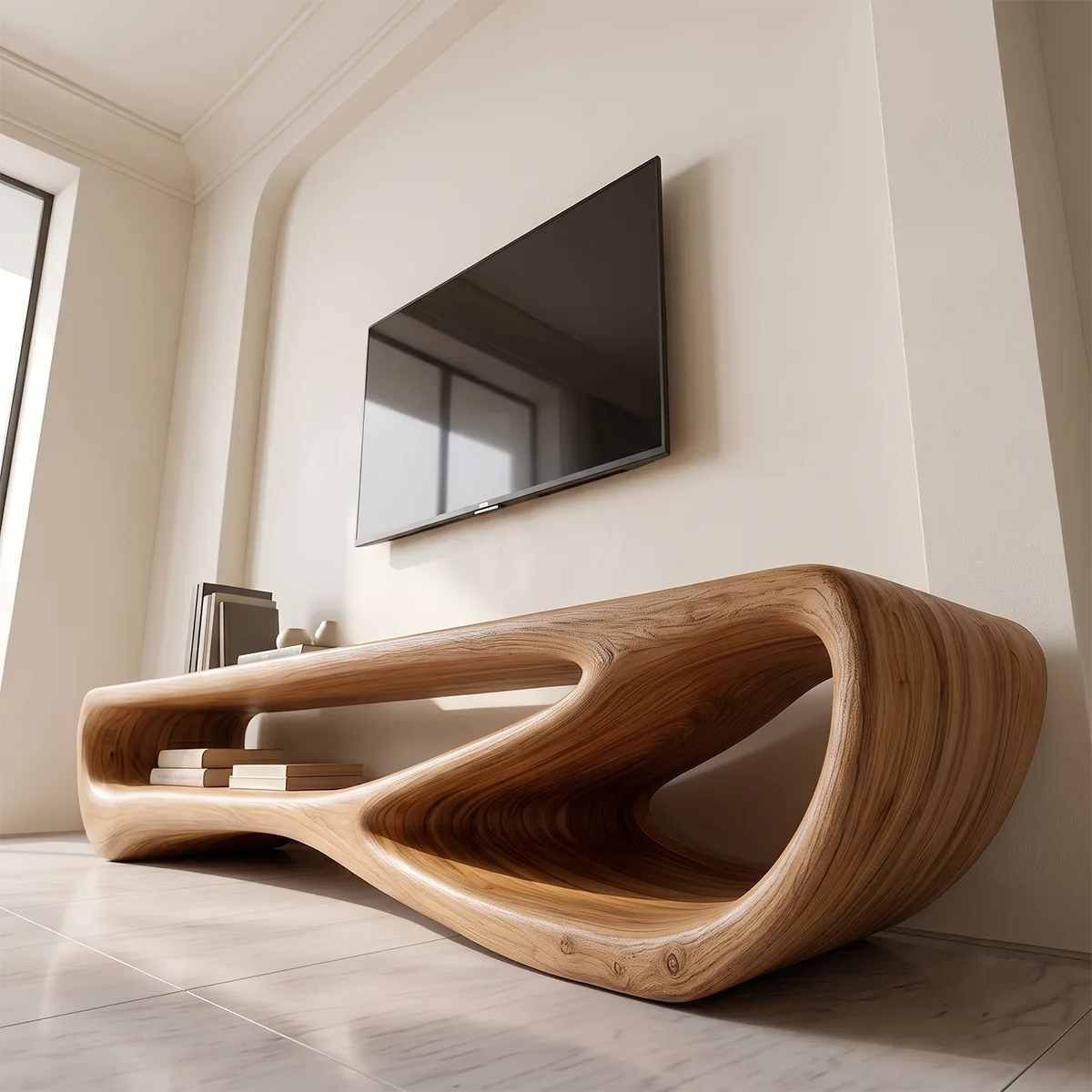 Organic Modern TV Stand with Sculptural Open Shelving & Curved Silhouette TT006-8QOM3WX