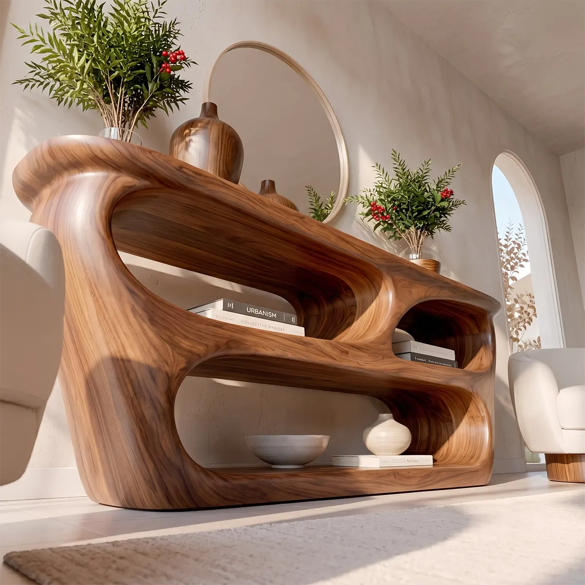 Modern Wooden Console Table with Open Shelves & Sculptural Organic Design TT006-5635