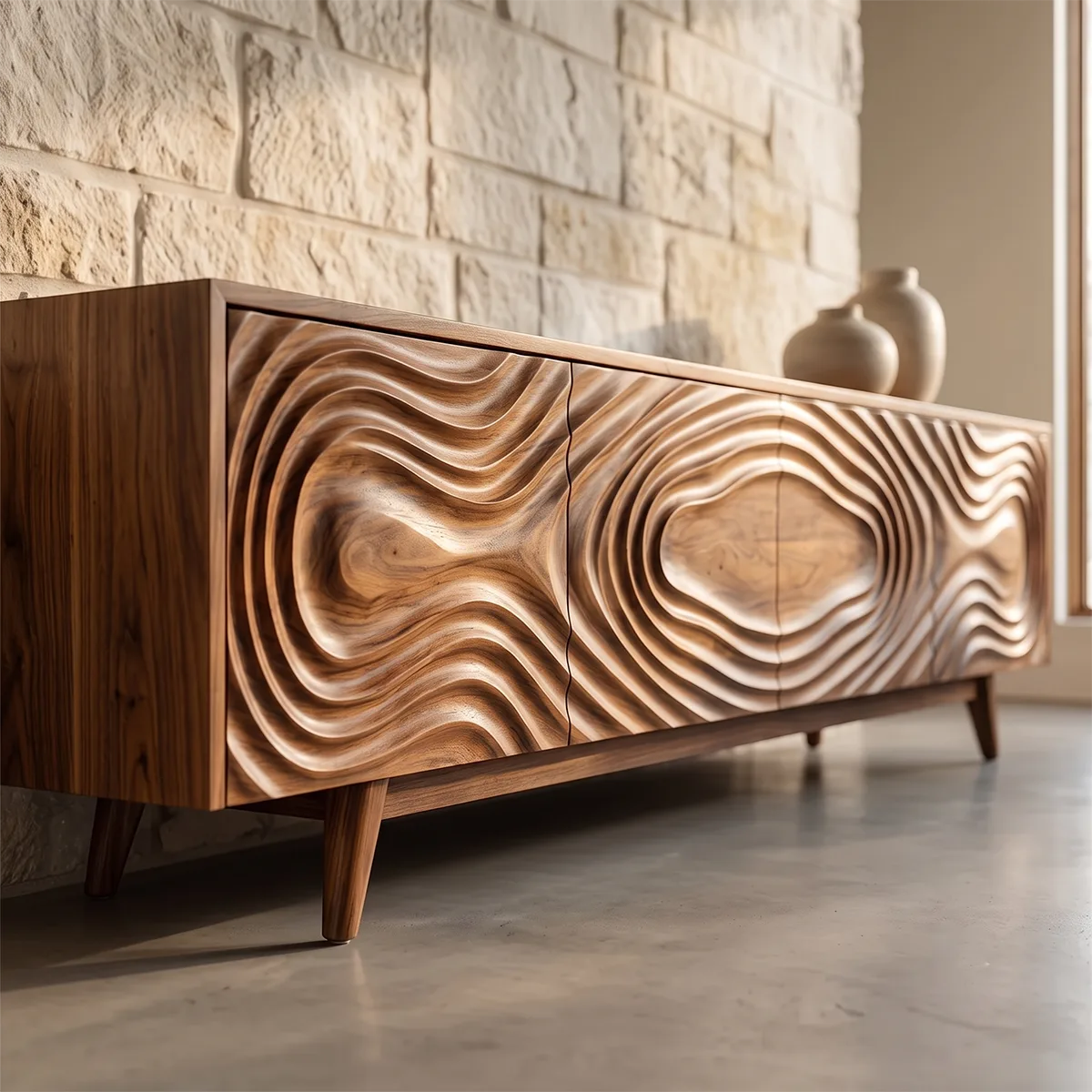 Topographic Relief TV Stand with Dual Cabinets & Center Drawers | Modern Media Console TH003-1QEW8AF