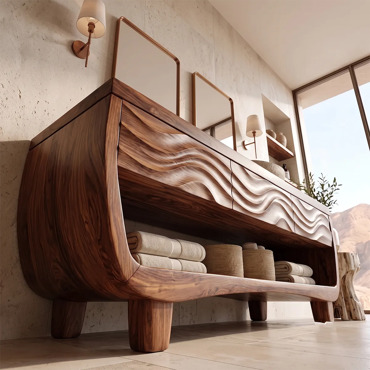 Sculptural Bathroom Vanity with Carved Wave Drawers & Open Storage Shelf