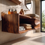 Floating Bathroom Vanity with Sculpted Cabinet & Open Shelf | Modern Wall Mounted Vanity