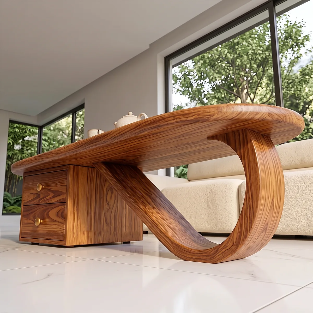 Modern Oval Coffee Table with Storage Drawers | Sculptural Contemporary Center Table for Living Room TH003-5102