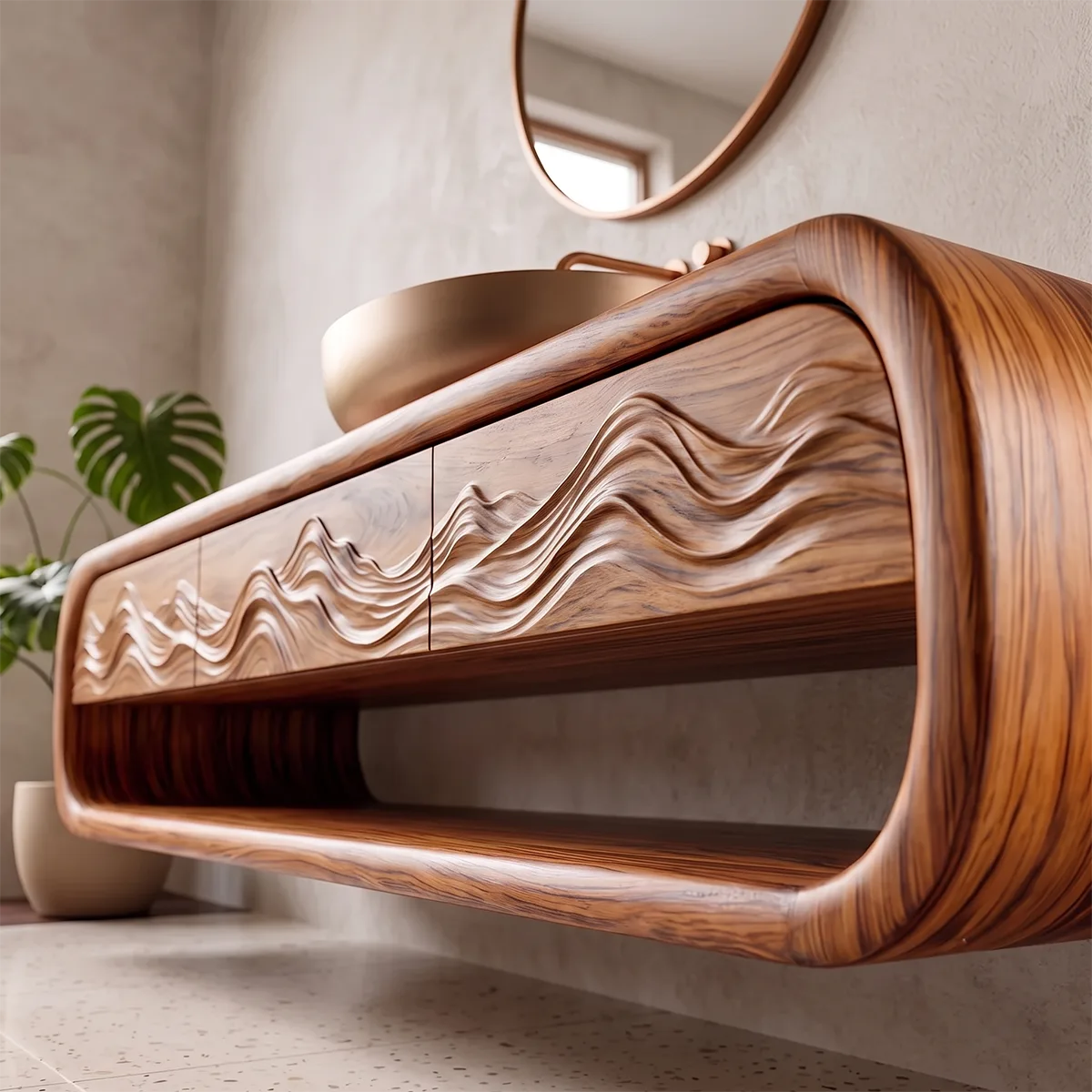 Modern Floating Bathroom Vanity with Drawers, Open Shelf & Curved Waterfall Design TH003-3PJG6FT