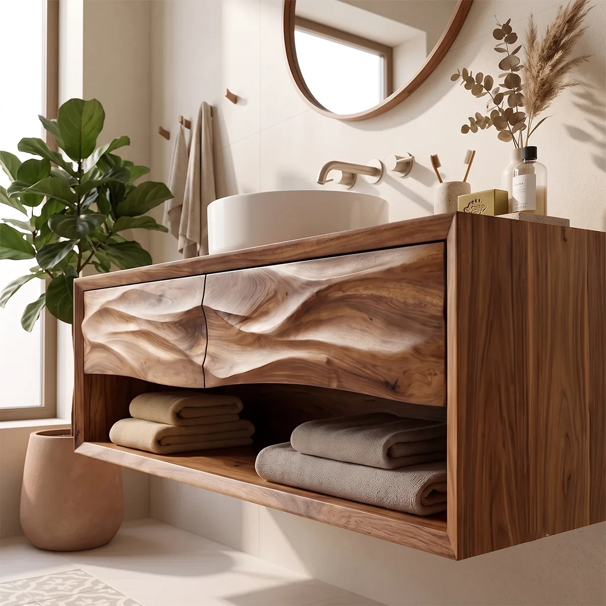 Floating Bathroom Vanity with 2 Sculpted Wave Drawers & Large Open Storage Shelf