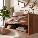 Floating Bathroom Vanity with 2 Sculpted Wave Drawers & Large Open Storage Shelf