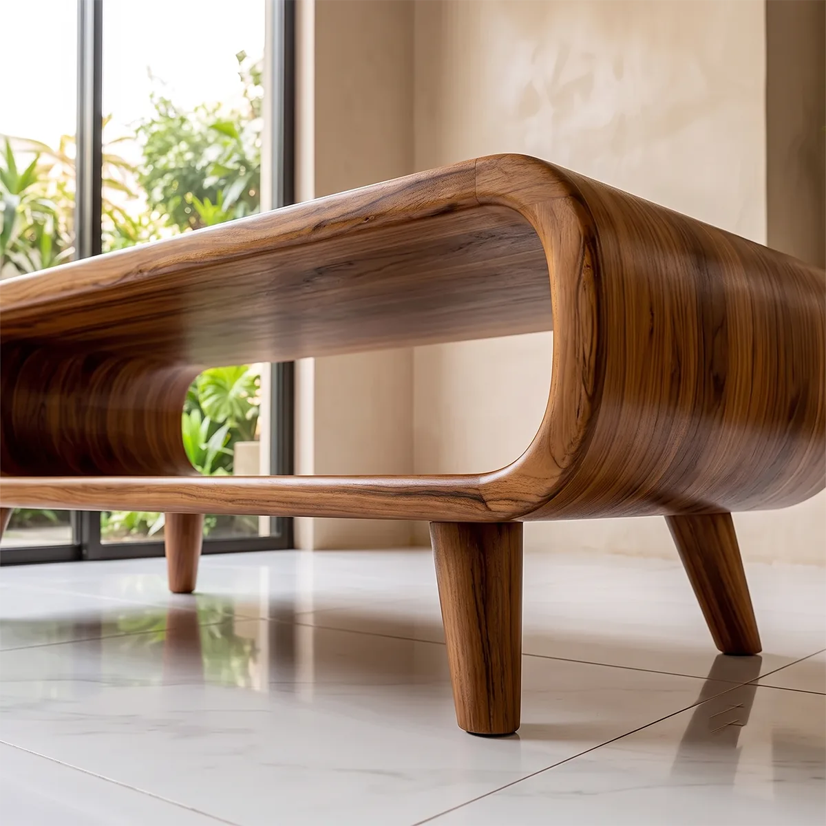 Modern Waterfall Coffee Table with Open Shelf | Mid-Century Curved Center Table for Living Room TH003-3124