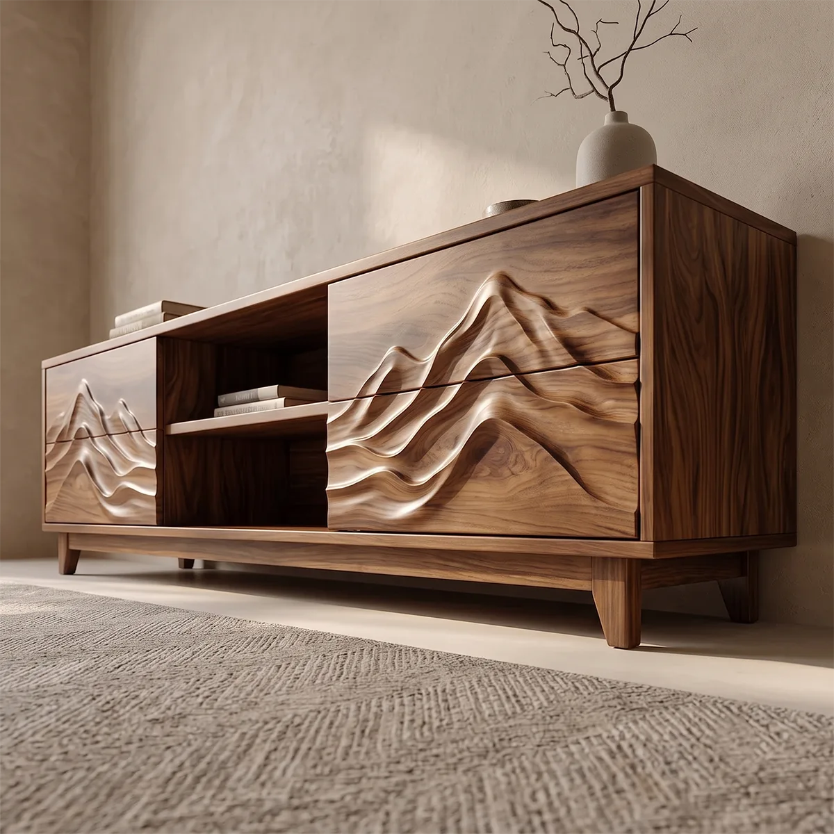 Carved Mountain TV Stand with 4 Cabinets | Modern Media Console TH003-4VZB9ZR