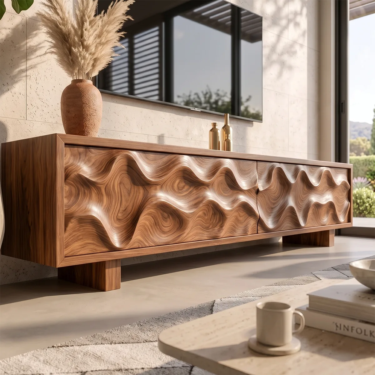 Wave Carved TV Stand with 2 Cabinets | Sculptural Media Console TH003-1TEX5BM