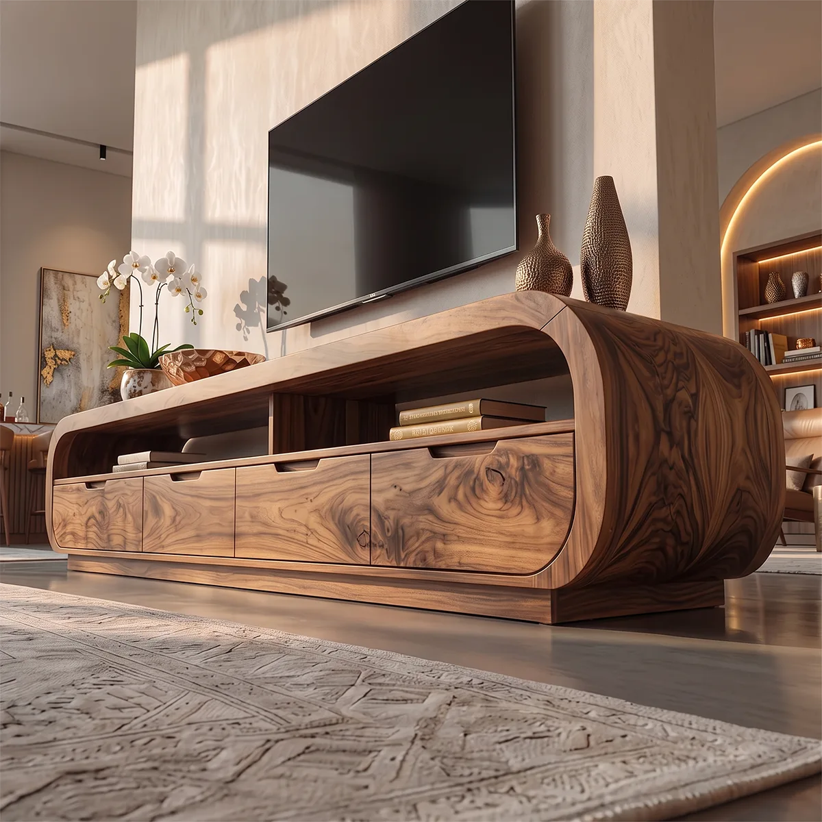 Rounded TV Stand with 4 Drawers & Open Shelves | Modern Media Console