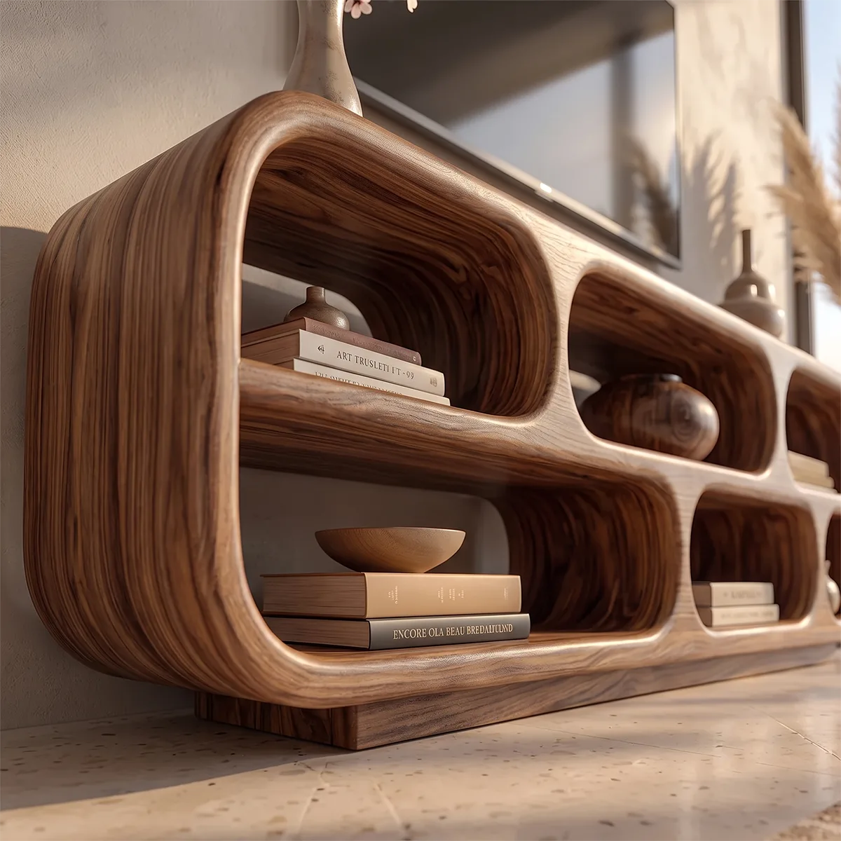 Sculptural Curved TV Stand with 6 Open Shelves | Modern Media Console