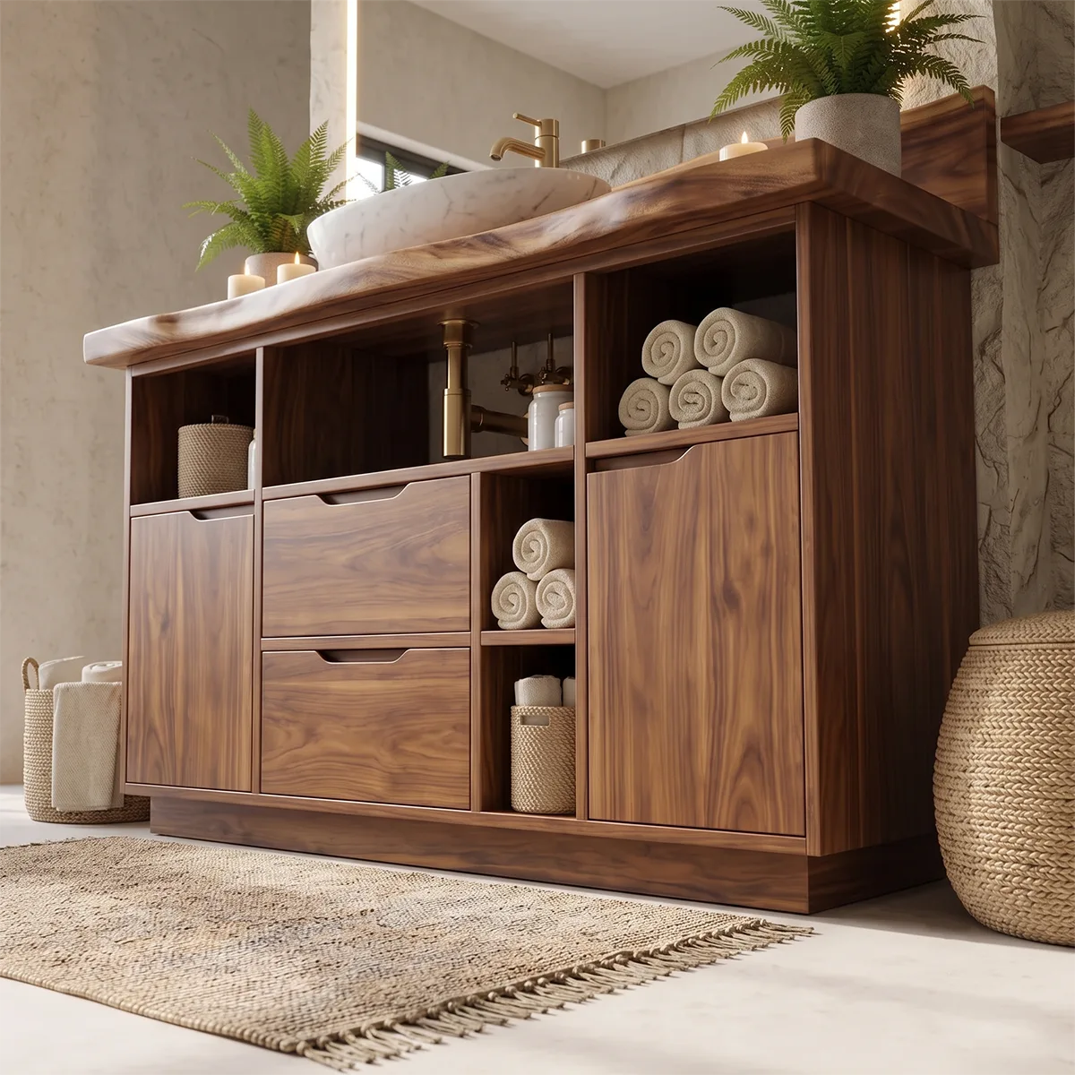 Freestanding Live Edge Bathroom Vanity with Drawers, Cabinets & Open Storage | Modern Wood Vanity