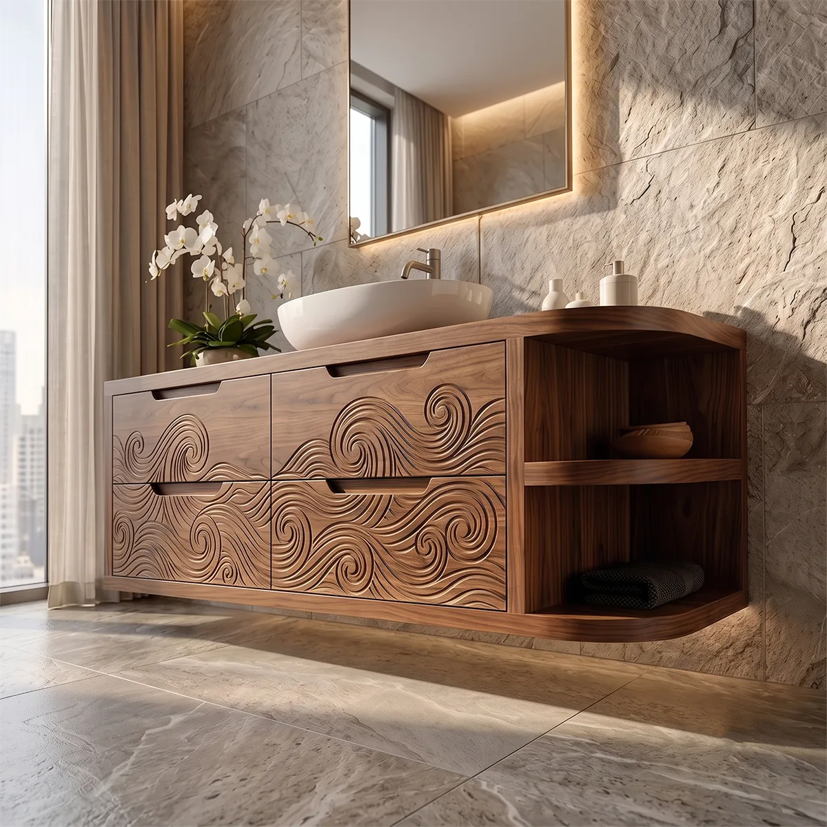 Floating Bathroom Vanity with Carved Wave Drawers & Curved Open Shelves | Modern Wall Mounted Vanity
