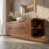 Floating Bathroom Vanity with Carved Wave Drawers & Curved Open Shelves | Modern Wall Mounted Vanity