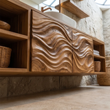 Floating Bathroom Vanity with Wave Carved Doors & Open Shelves | Modern Wall Mounted Vanity