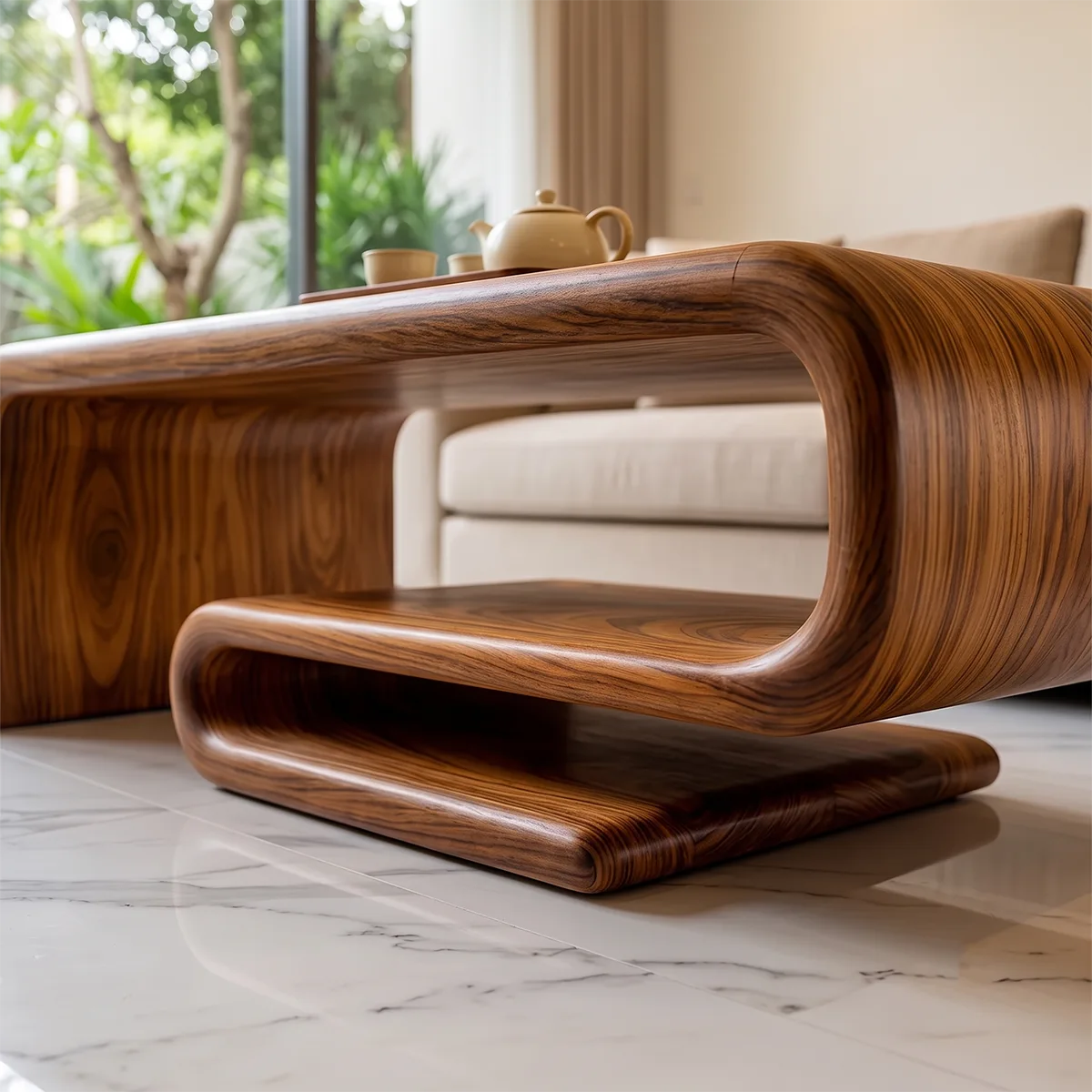 Modern Waterfall Coffee Table | Contemporary Center Table with Open Shelf Storage TH003-5383