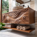 Floating Bathroom Vanity with Sculpted Wave Doors & Open Shelf | Modern Solid Wood Vanity TH003-9MII5QN