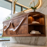Sculptural Floating Bathroom Vanity with Artistic Wave Front & Open Side Shelves