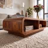 Modern Rectangular Coffee Table with Open Shelf | Rounded Edge Living Room Center Table