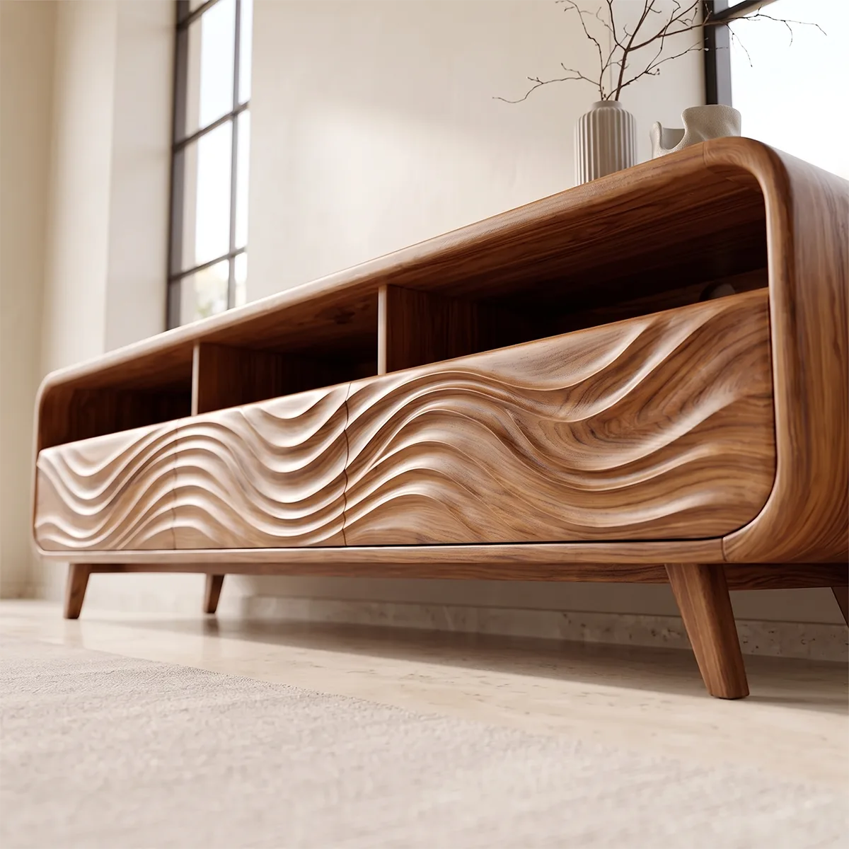Wave Carved TV Stand with 3 Drawers & Open Shelves | Modern Media Console TH003-5GTN4YH