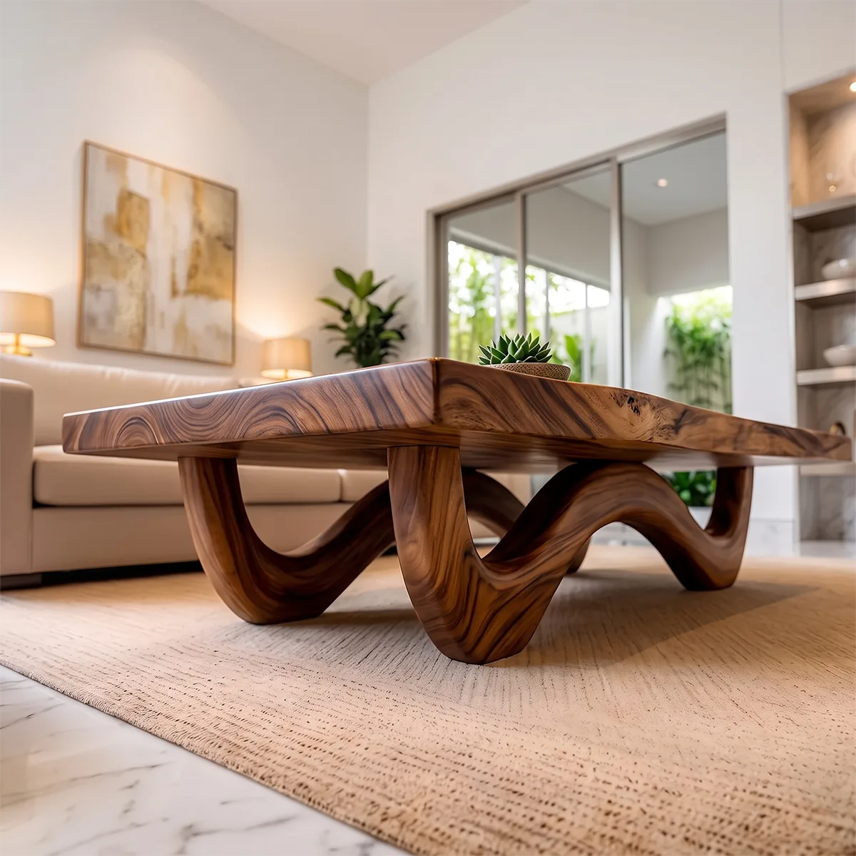 Sculptural Rectangular Coffee Table with Curved Base | Organic Modern Center Table
