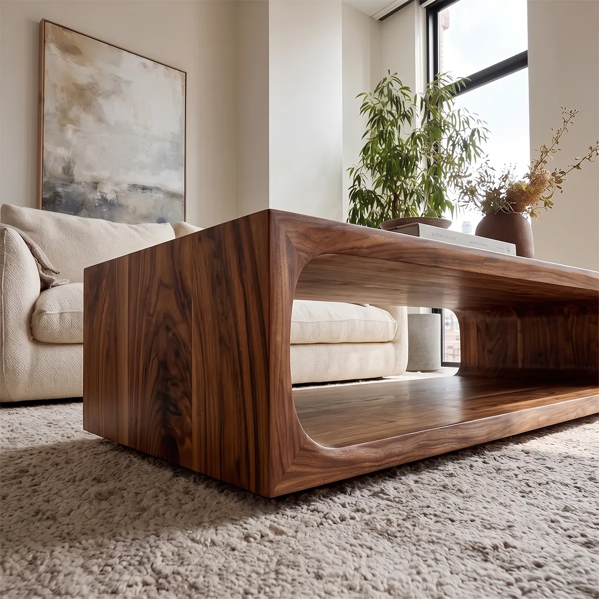 Modern Rectangular Coffee Table with Open Shelf | Rounded Sculptural Design