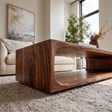 Modern Rectangular Coffee Table with Open Shelf | Rounded Sculptural Design