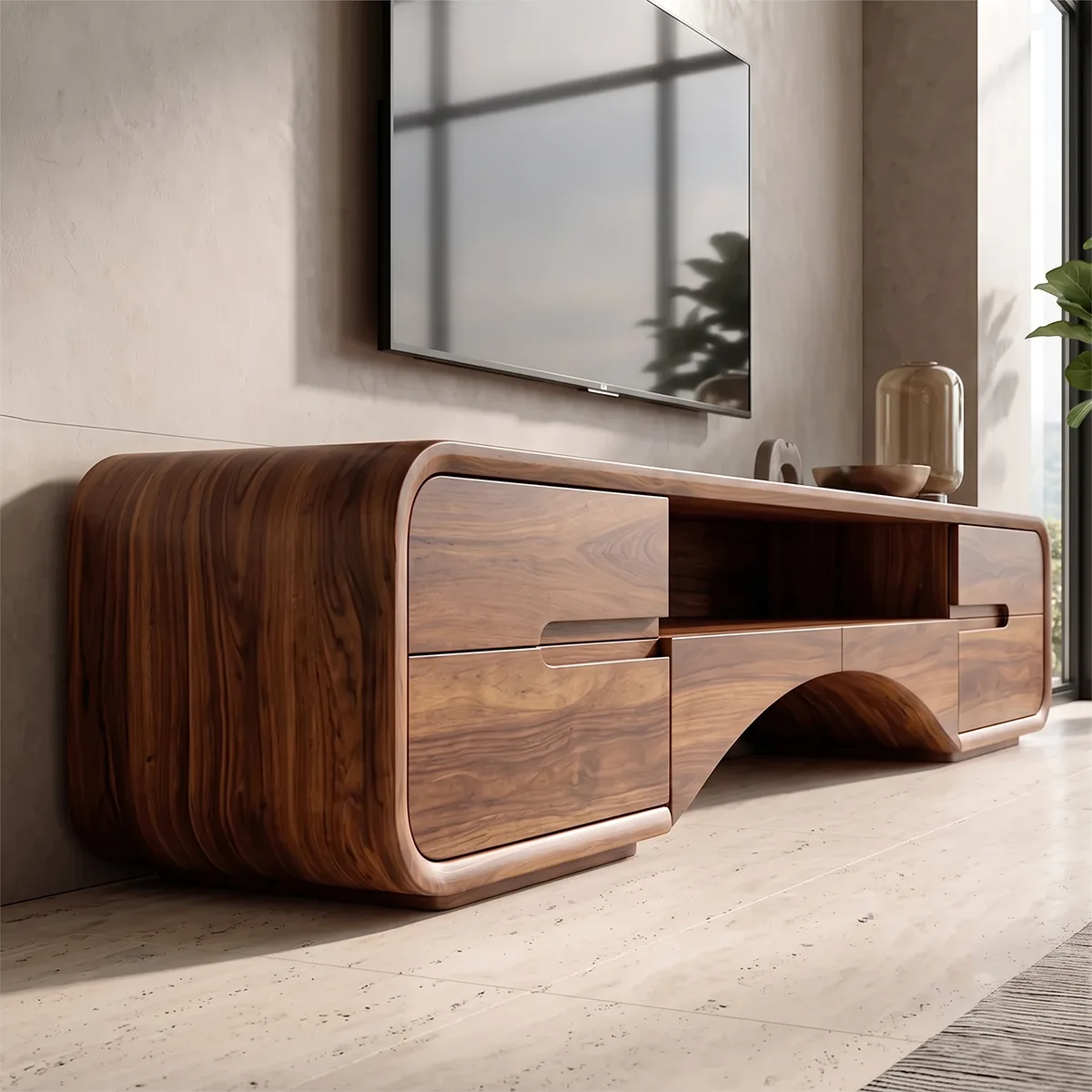 Modern TV Stand with 4 Cabinets & Open Shelves | Organic Media Console TH003-2UWX3PR