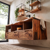 Live Edge Floating Bathroom Vanity with 3 Drawers & Open Storage Shelves | Modern Wall Mounted Vanity