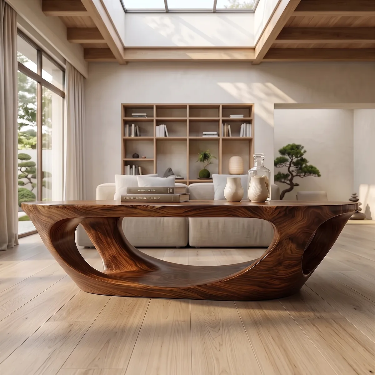 Sculptural Organic Coffee Table with Open Shelf | Modern Curved Living Room Center Table
