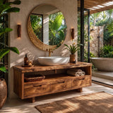 Freestanding Solid Wood Bathroom Vanity | Live Edge Wood Vanity with Open Shelf & Three Drawers TT006-2MDA2PI