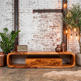 Modern Curved TV Stand with 2 Drawers & Open Storage | Low Profile Media Console