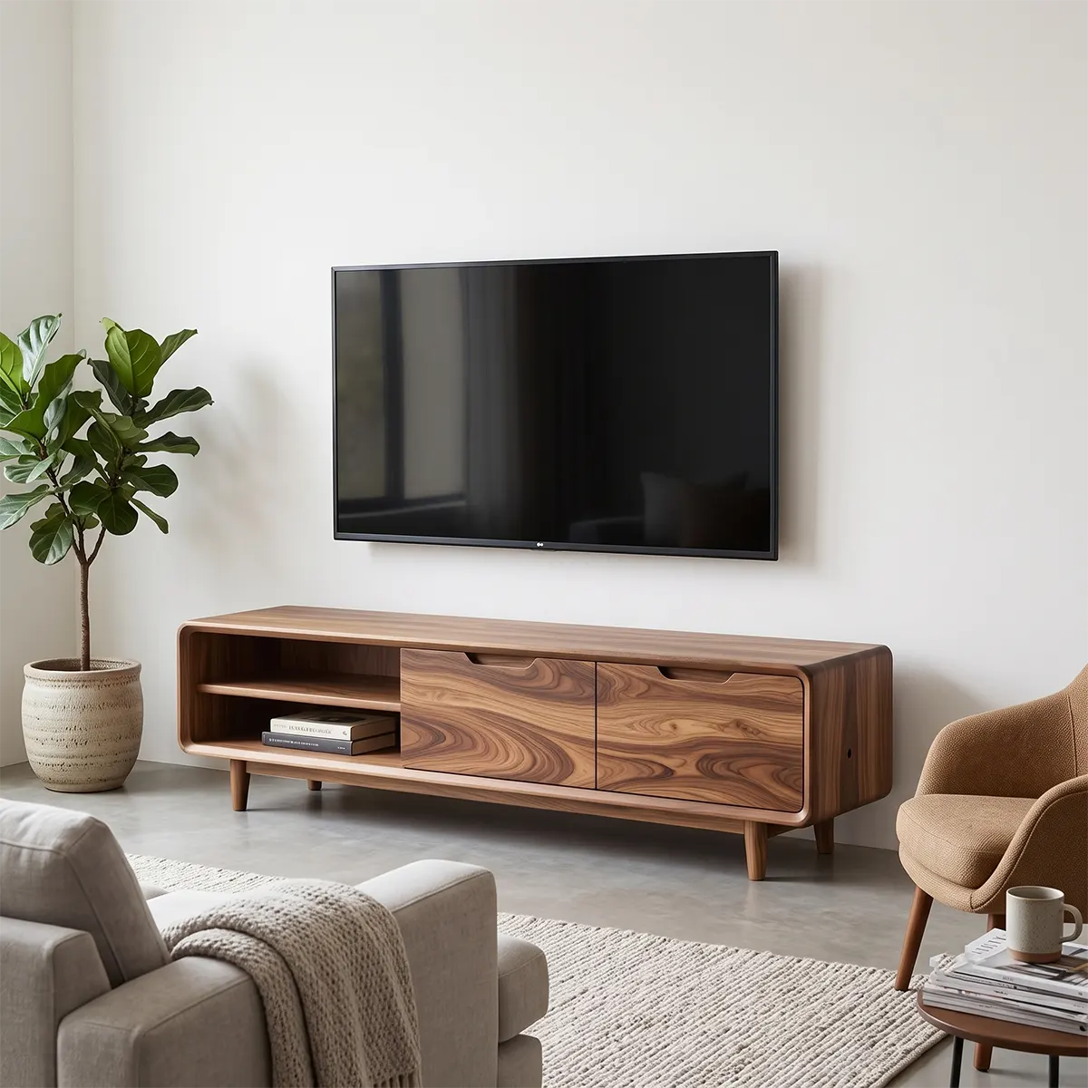 Organic Modern TV Stand with Open Shelving & Hidden Storage Cabinets TT006-4EGA5YH