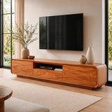 Modern Curved TV Stand with Drawer, Cabinet & Open Shelf | Low Profile Media Console