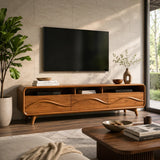 Modern Wave Front TV Stand with 3 Drawers & Open Storage | Curved Entertainment Console