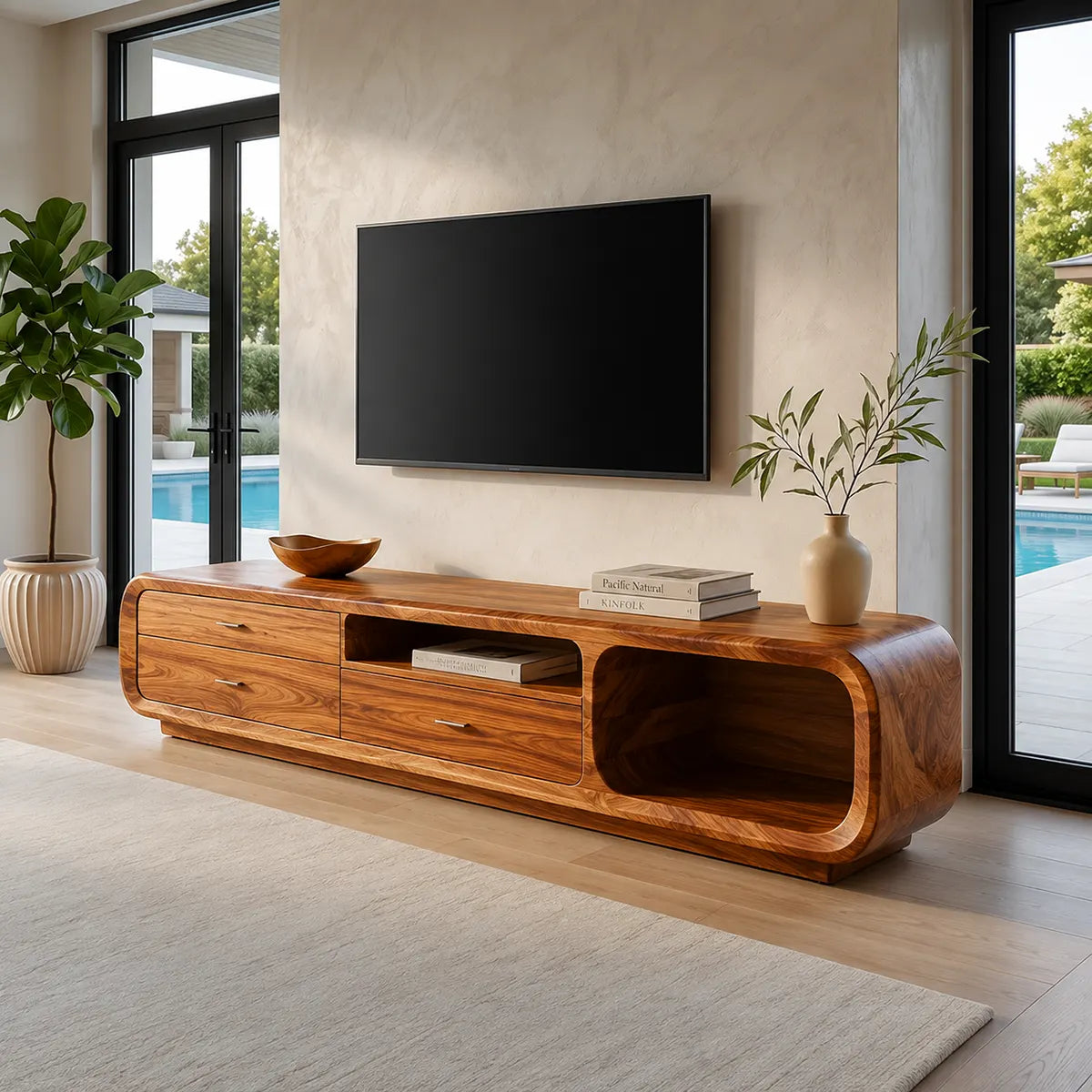 Modern Curved TV Stand with 3 Drawers & Open Media Storage | Sculptural Low Profile Entertainment Console