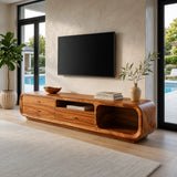 Modern Curved TV Stand with 3 Drawers & Open Media Storage | Sculptural Low Profile Entertainment Console
