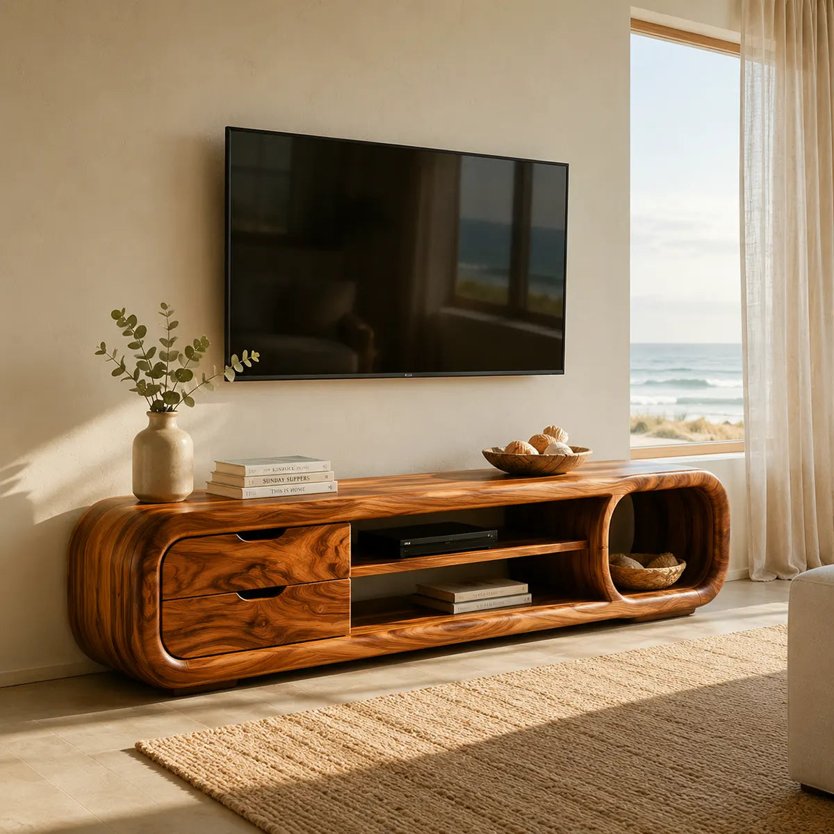 Sculptural Curved TV Stand with 2 Drawers & Open Shelves | Modern Low Profile Media Console