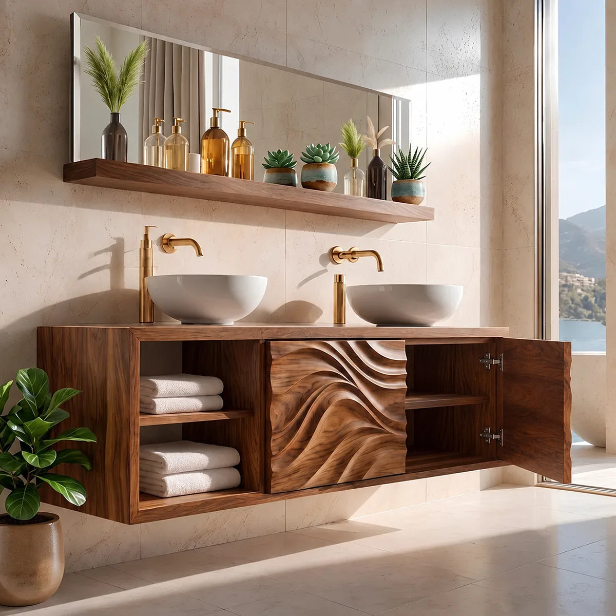 Double Sink Floating Bathroom Vanity with 2 Sculpted Doors | Modern Wall Mounted Vanity TH003-3PGW8ZW