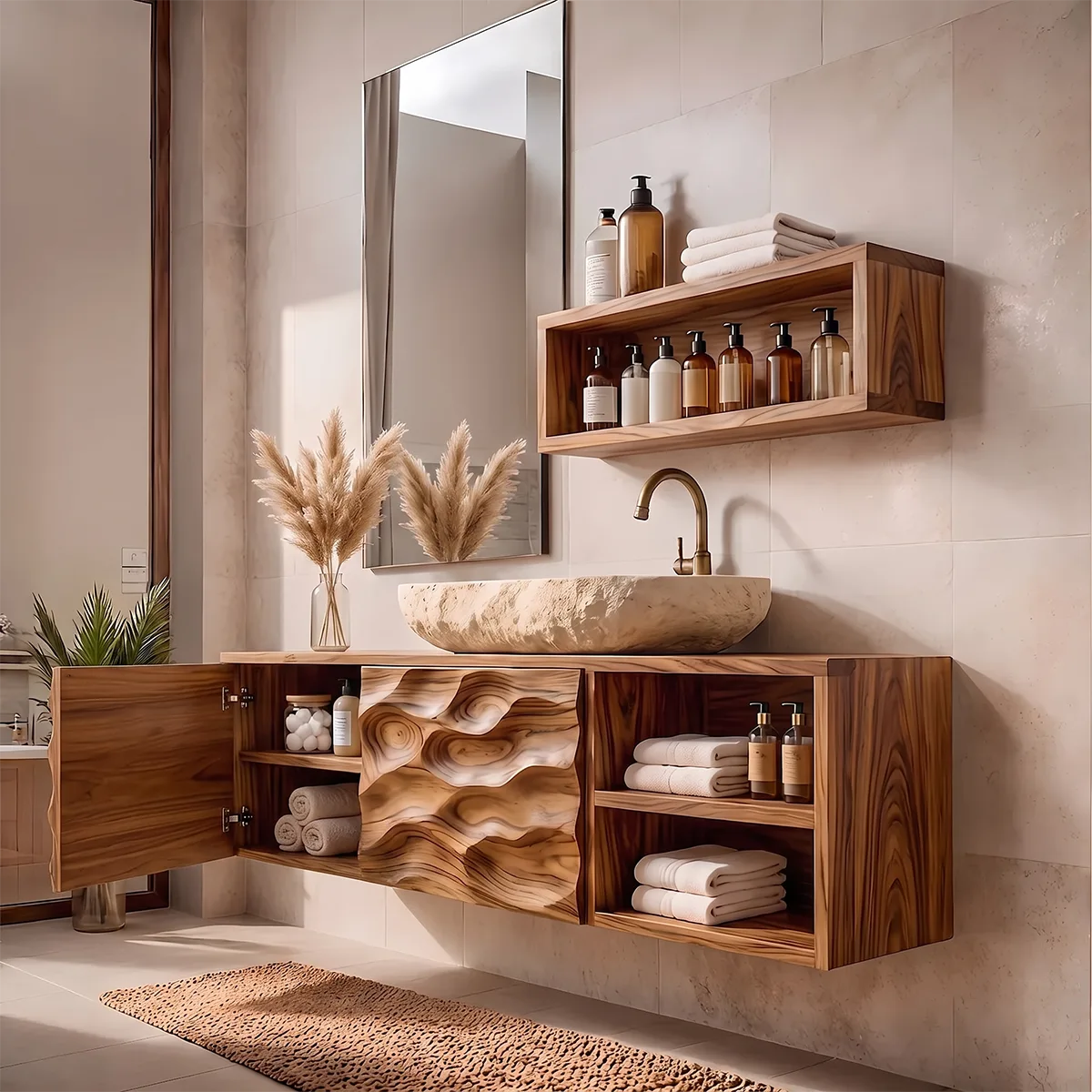 Floating Bathroom Vanity with Sculptural Cabinets & Open Side Shelves | Modern Vanity Cabinet TH003-4JYP9HL
