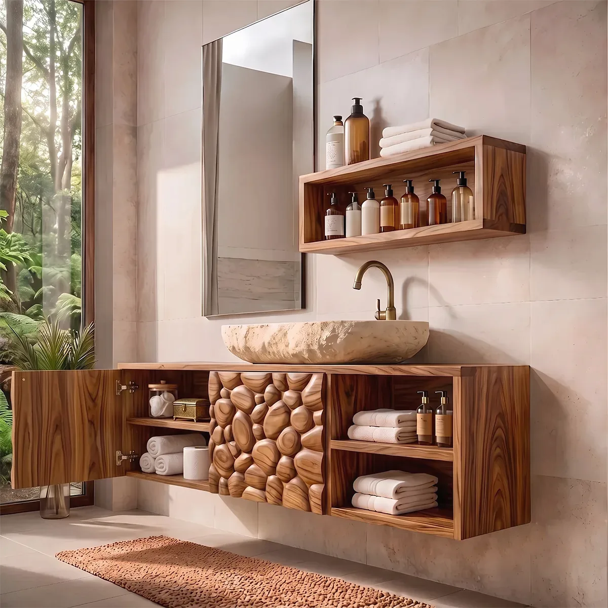 Floating Bathroom Vanity with Pebble Carved Doors & Open Side Shelves TH003-6VHK3DD