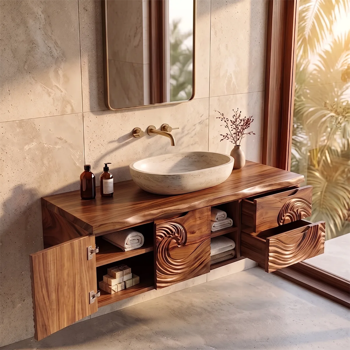 Modern Floating Bathroom Vanity with Wave Carved Cabinet, Open Shelf & Dual Drawers TH003-5MOV2YH