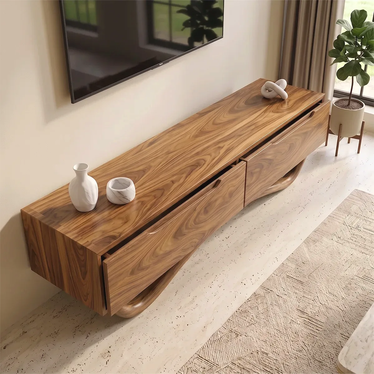 Sculptural TV Stand with 2 Drawers | Organic Modern Media Console TH003-3LLI8QY