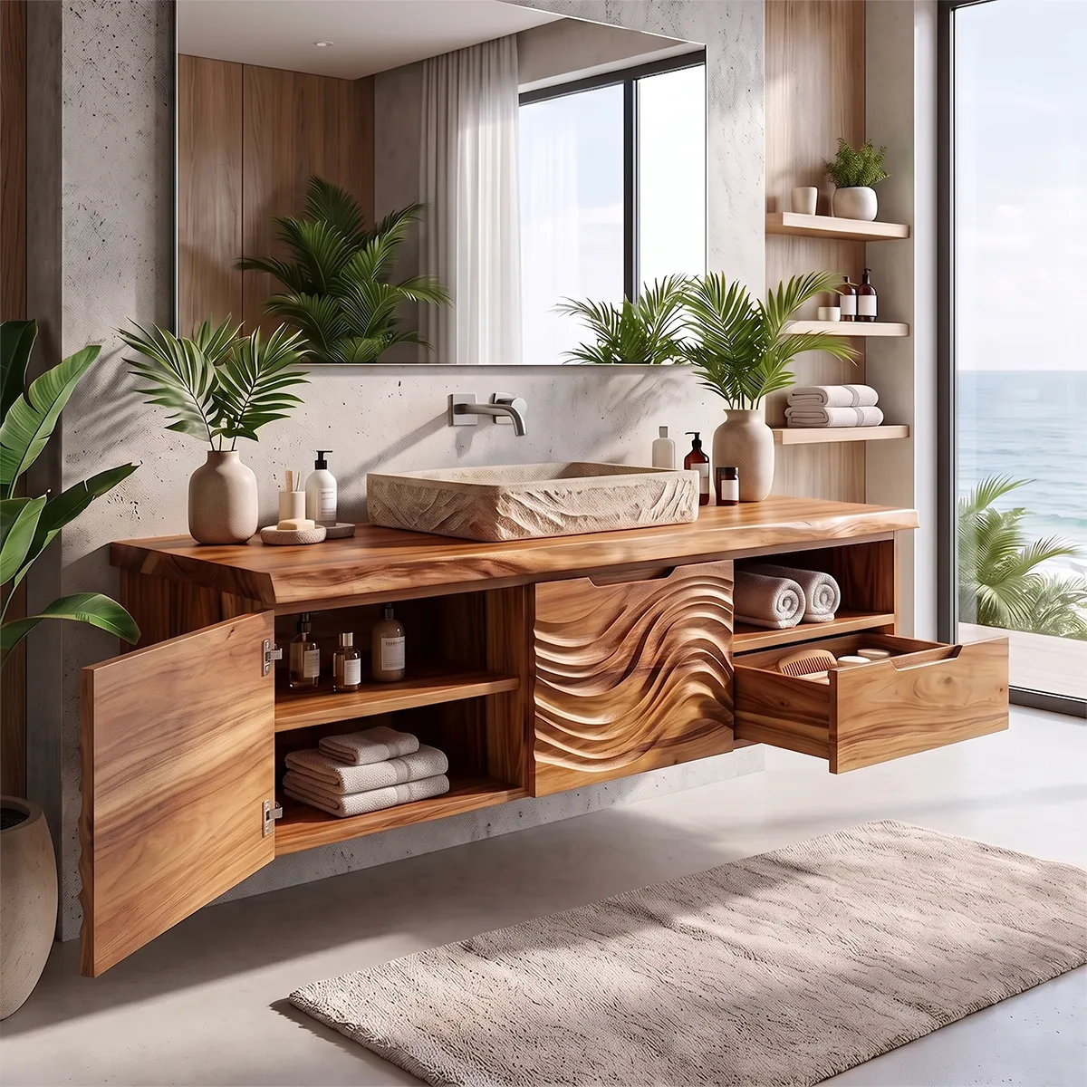 Modern Floating Bathroom Vanity with Wave Carved Cabinet, Open Shelf & Storage Drawer TH003-1MBE1JF